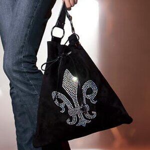 Black Suede Iridescent Multi Color Crystal Fleur de Lis Hobo Tote Bag NEW